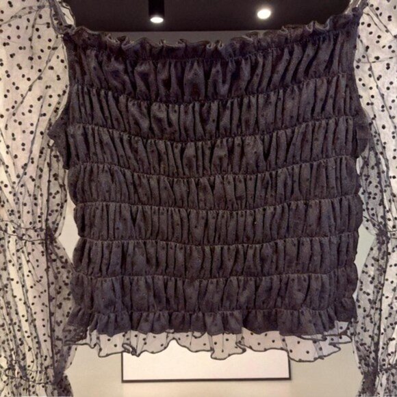 NWT J.ING Jing Black Mesh Smocked Long Sleeve Crop Blouse - Picture 4 of 5